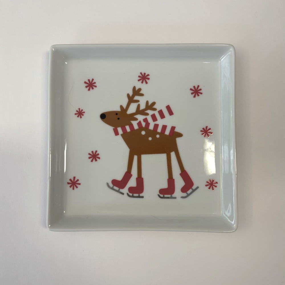 Crate & Barrel Skating Reindeer Square Ceramic Dish Christmas 6” x 6”